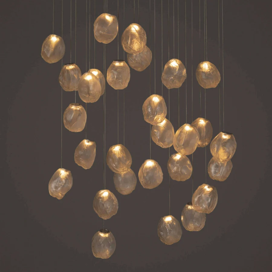 Exceptional Bocci 73V suspension lamp crafted in folded translucent glass with braided metal cable and white powder coating