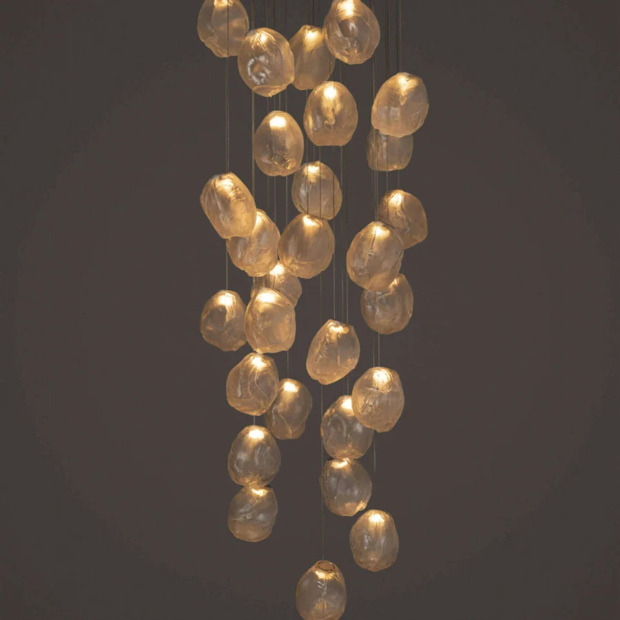 Lavish Bocci 73V suspension lamp crafted in molten glass with folded ceramic fabric and white powder coated canopy