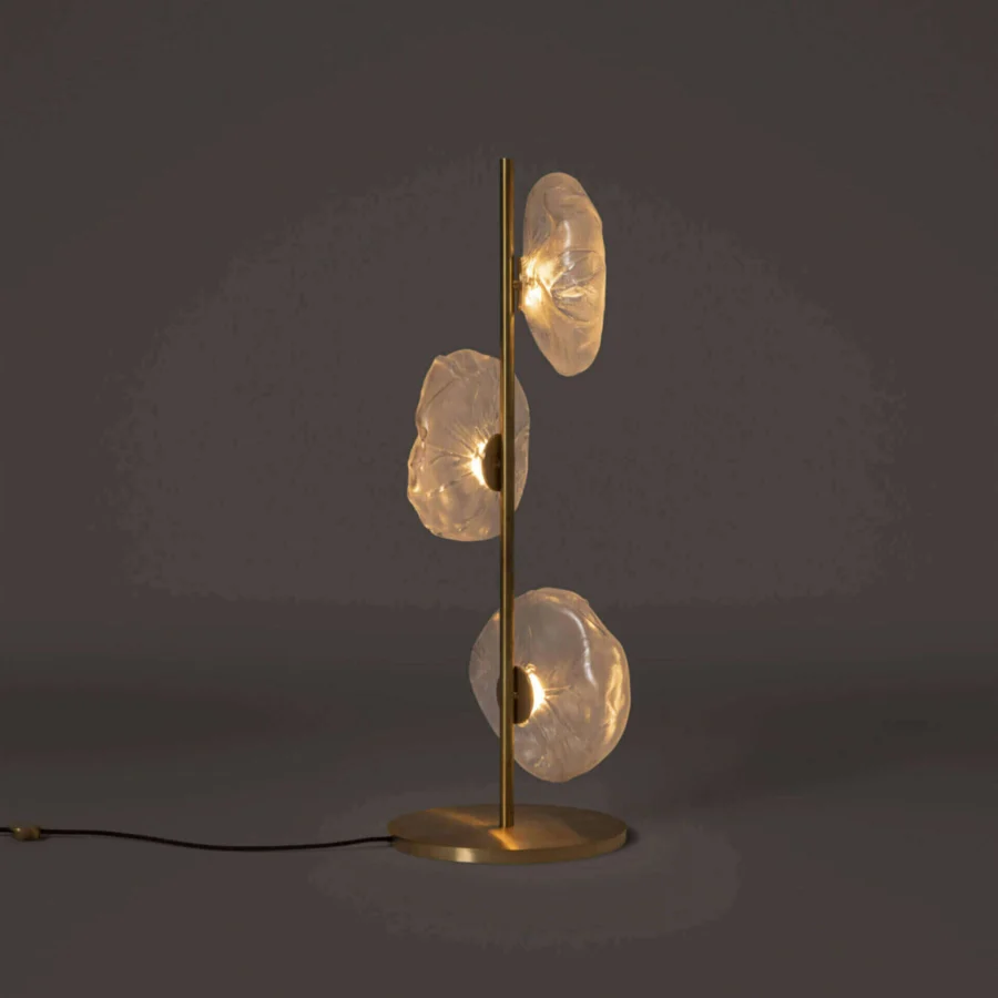Distinguished Bocci 73 Stem Floor Lamp with translucent flower-like glass shades and satin brass-toned metal stem