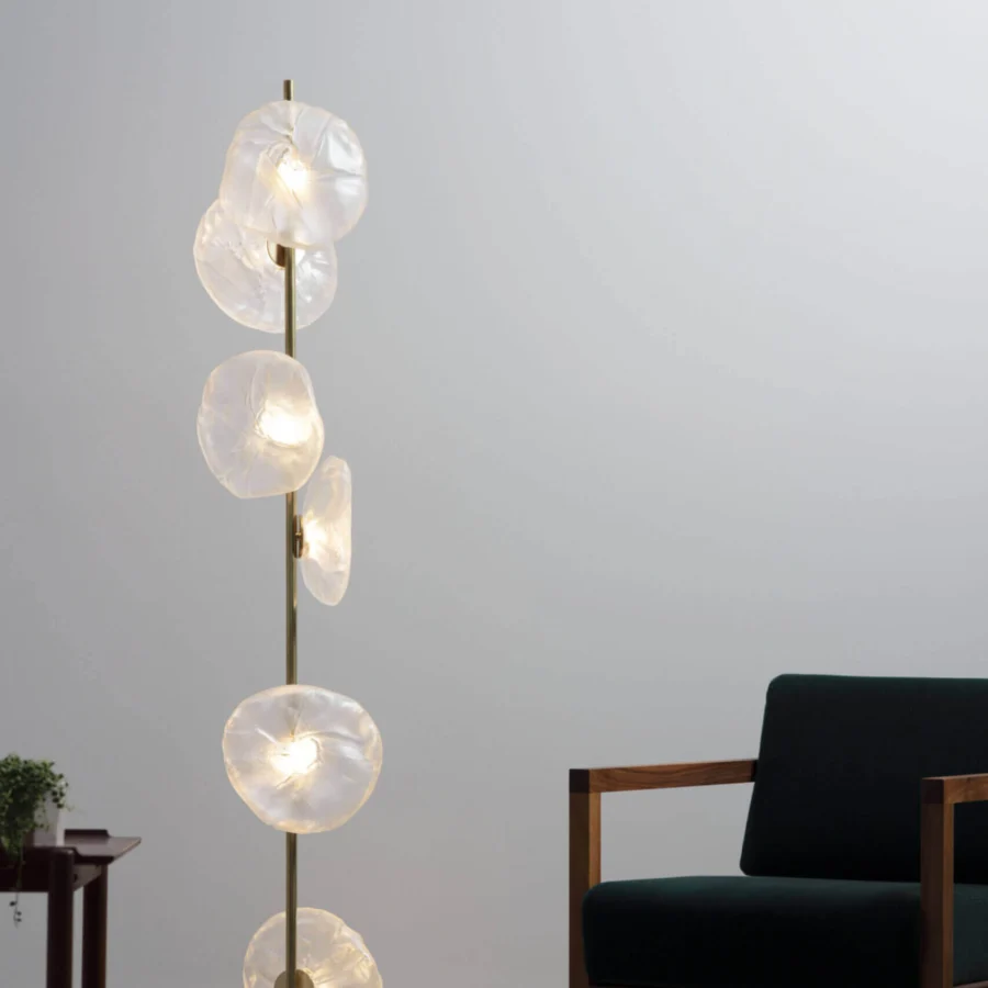 Distinguished Bocci 73 Stem Floor Lamp with milky white glass shades and a tall slender brass finish