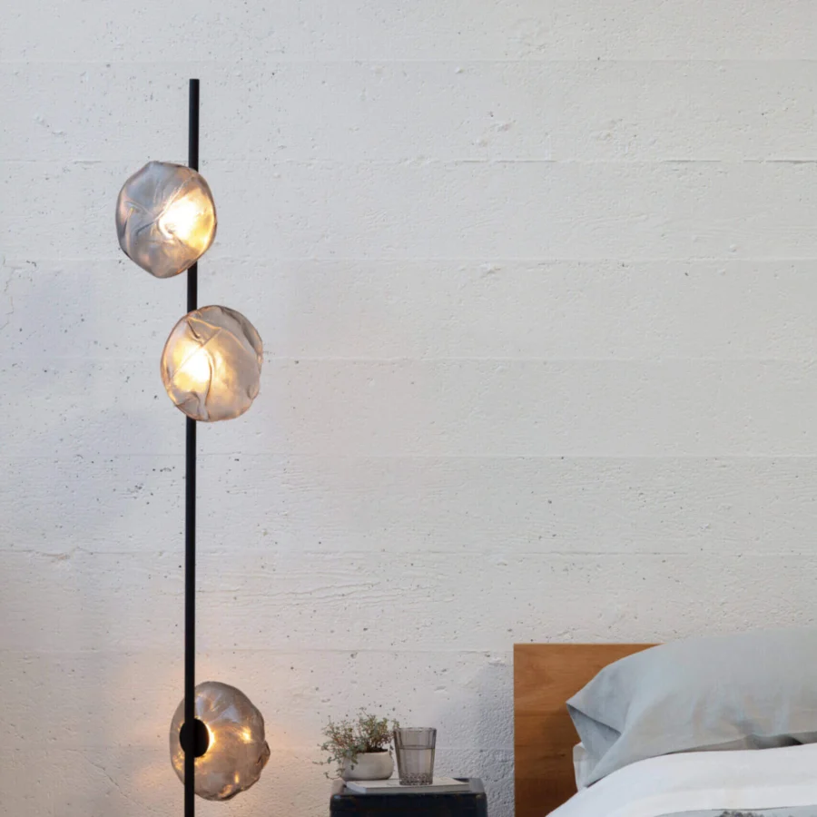 Captivating Bocci 73 Stem Floor Lamp with liquid glass shades and a slender black metal stem and round base