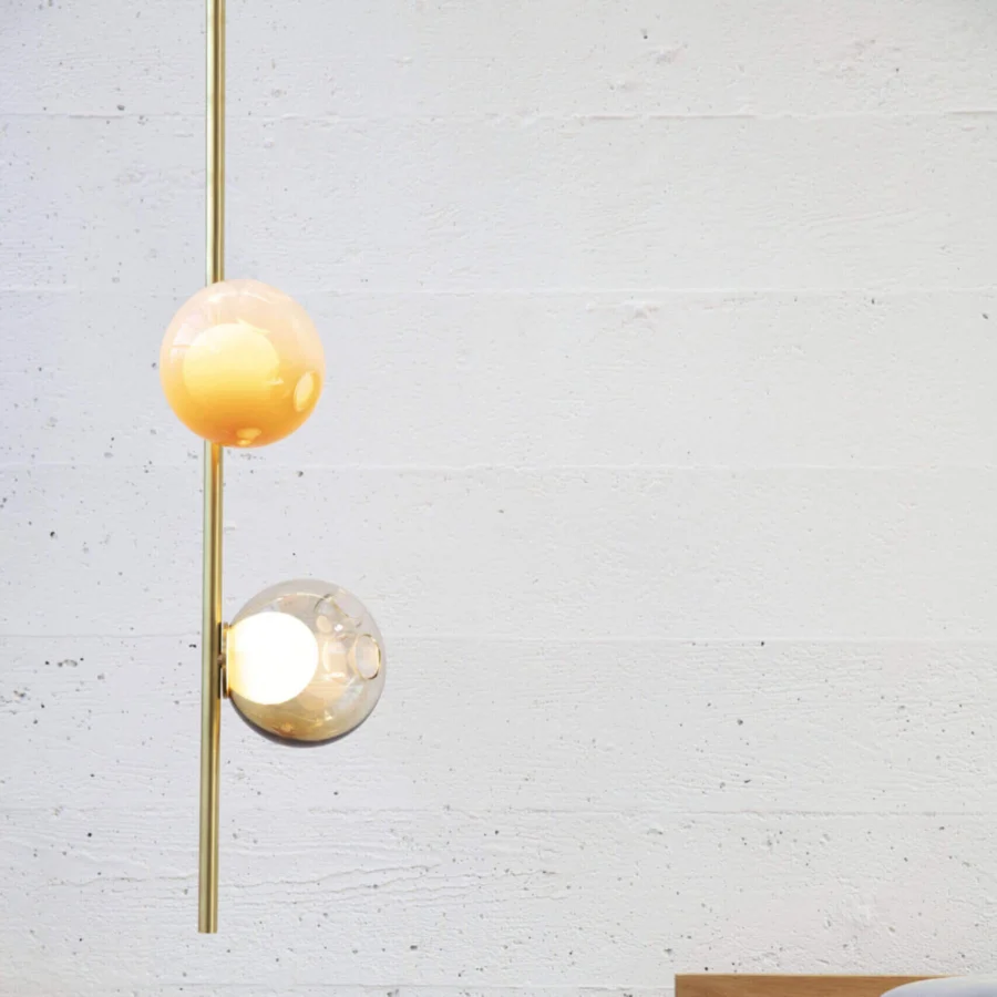 Elegant Bocci 28 Stem Ceiling Lamp with gradient pale orange to clear glass spheres and brass finish