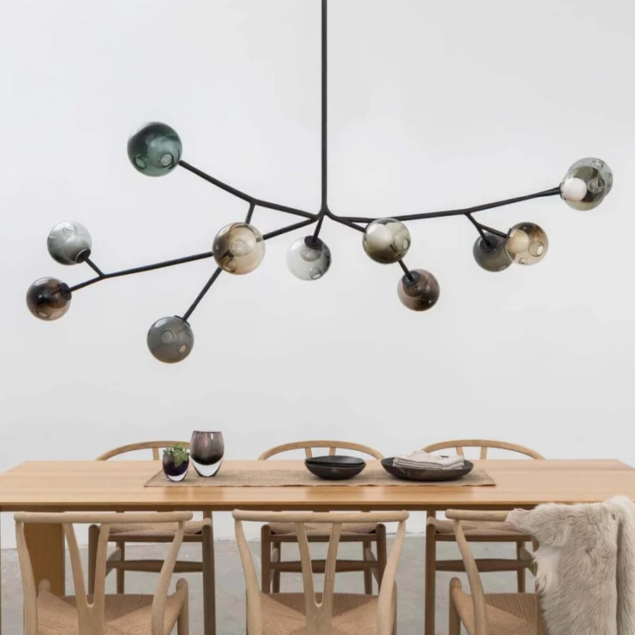 Distinguished Bocci 28 Armature ceiling lamp crafted with blown glass and soft-touch matt black steel framework in muted gray, beige, and greenish tones