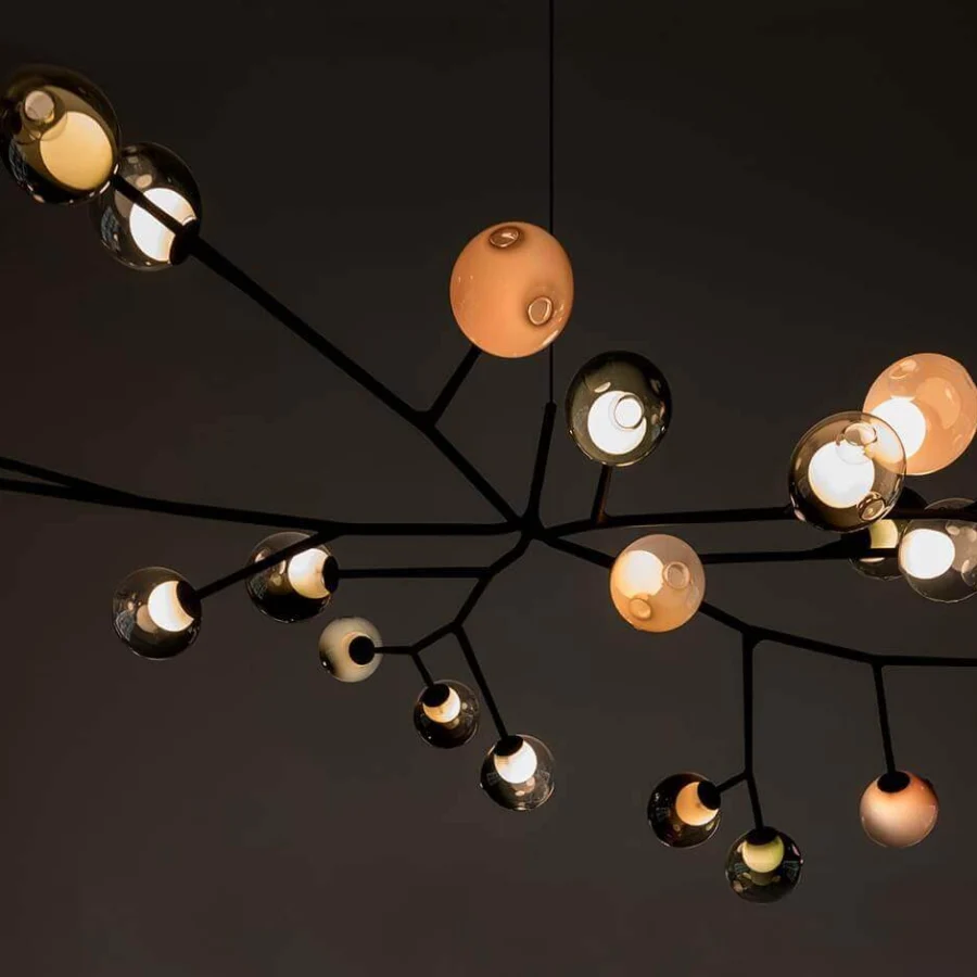 Exceptional Bocci 28 Armature ceiling lamp with hand-blown glass spheres in clear, smoky gray, warm orange, and light blue hues with a soft-touch matt black finish
