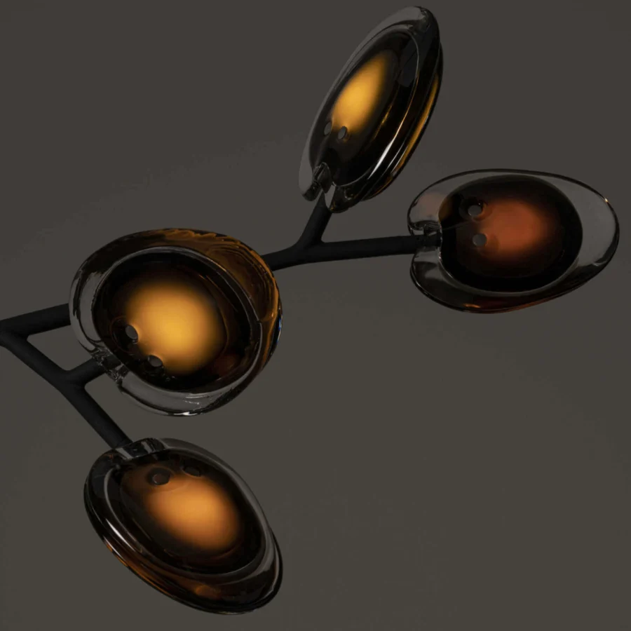 Exceptional Bocci 16 Armature ceiling lamp with organically branching arms and warm amber to brown glass shades in a soft-touch matt black finish