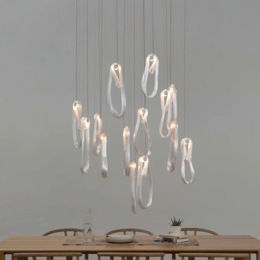 Captivating Bocci 87 Random suspension lamp crafted in glass with a satin silver-gray finish and delicate microfilaments