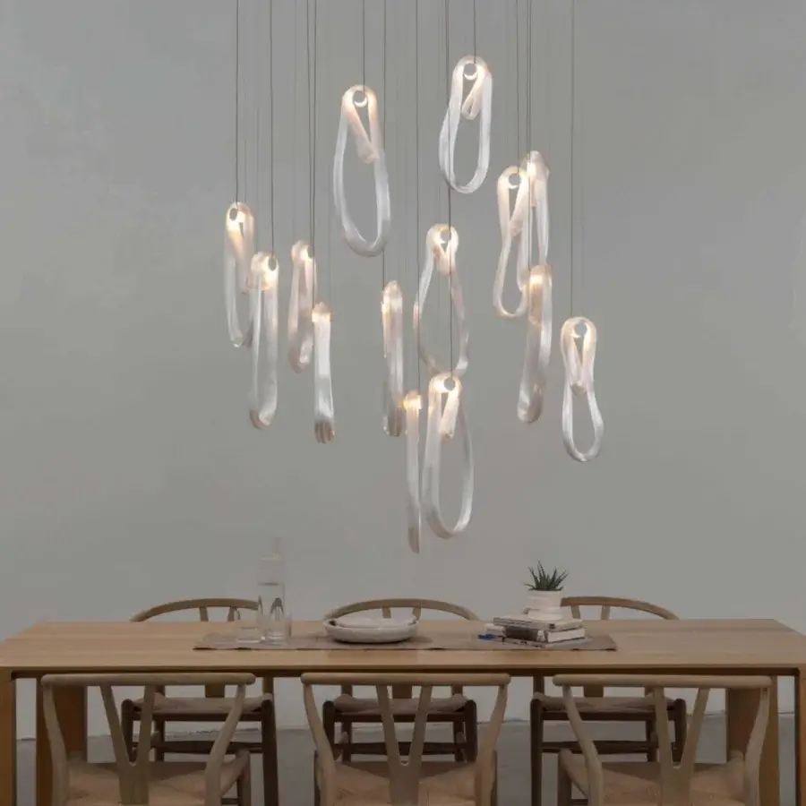 Luxury Bocci 87 Random suspension lamp crafted in pale gray glass with satin metal rods and gentle illumination