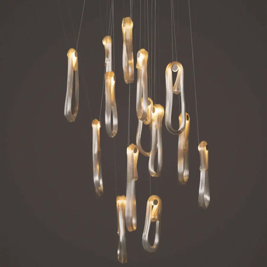 Exceptional Bocci 87 Random suspension lamp crafted in glass forms with a muted silver-gray finish and gentle light gradient