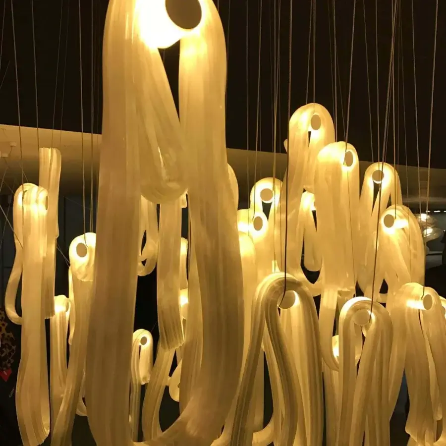 Distinguished Bocci 87 Random suspension lamp with hand-blown glass loops diffusing warm light and creating a pearlescent glow