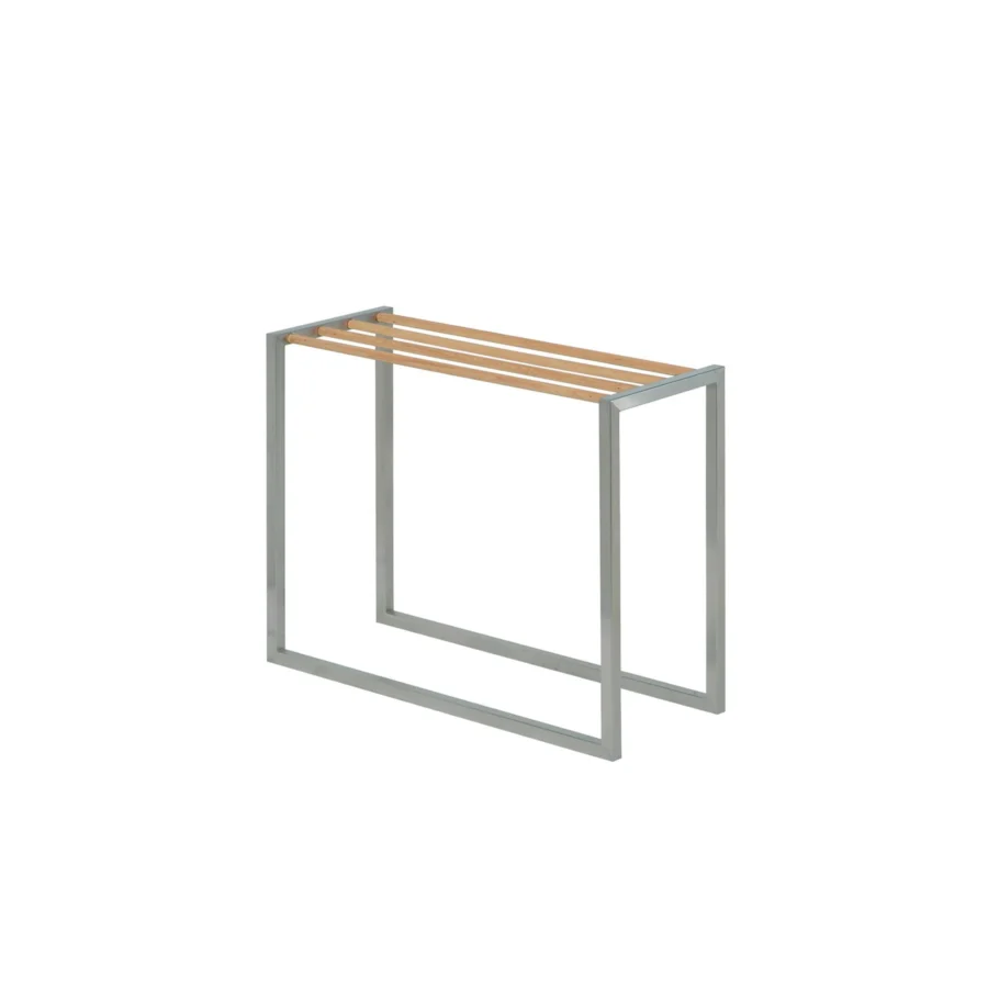Exceptional Royal Botania Ninix towel rack crafted with teak wood bars and brushed hairline stainless steel