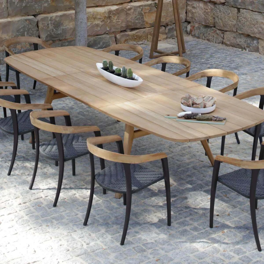 Sophisticated Royal Botania Jive armchair with dark aluminum frame, light teak backrest and woven olefin seat