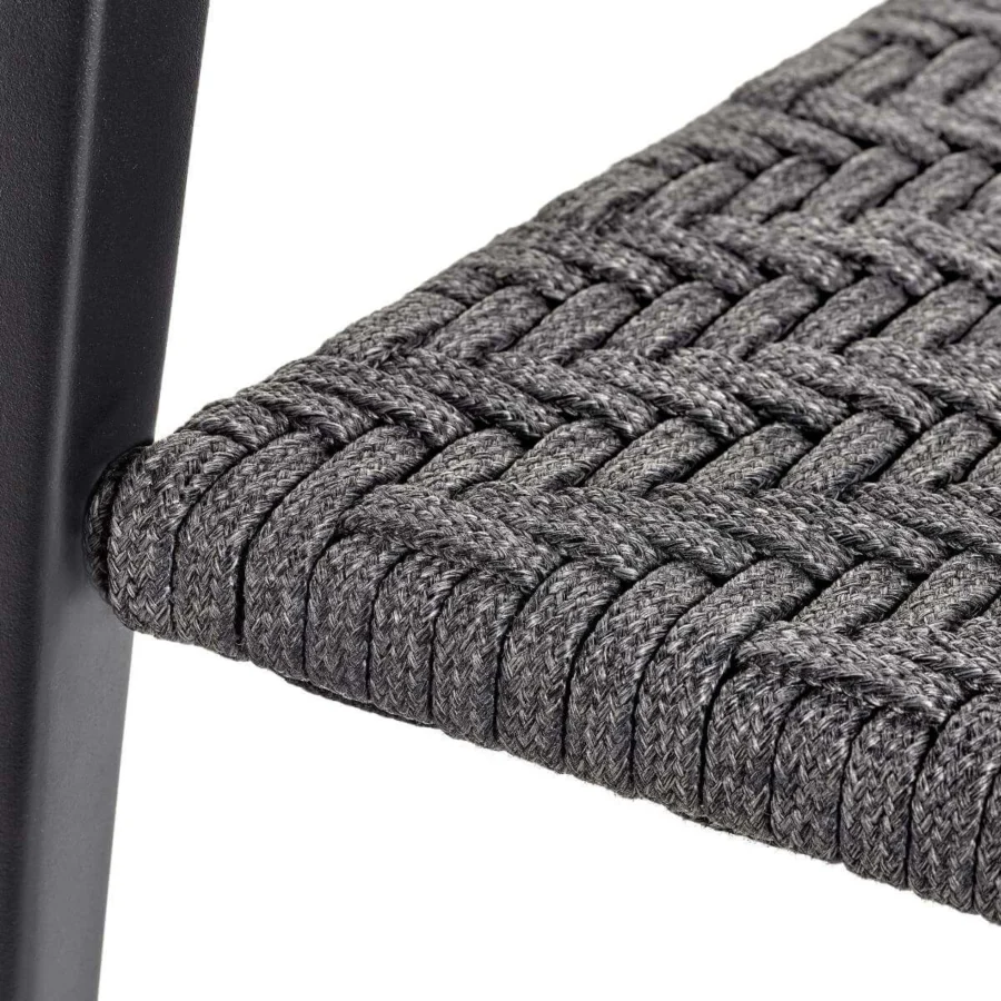 Harmonious Royal Botania Jive armchair built with tapered aluminum and woven olefin, displaying a braided gray seat with matte finish
