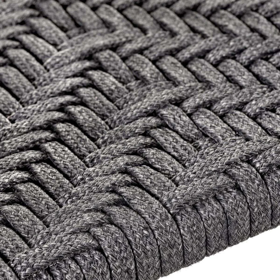 Exceptional Royal Botania Jive armchair built with tapered aluminum, warm teak, and densely woven dark gray olefin material