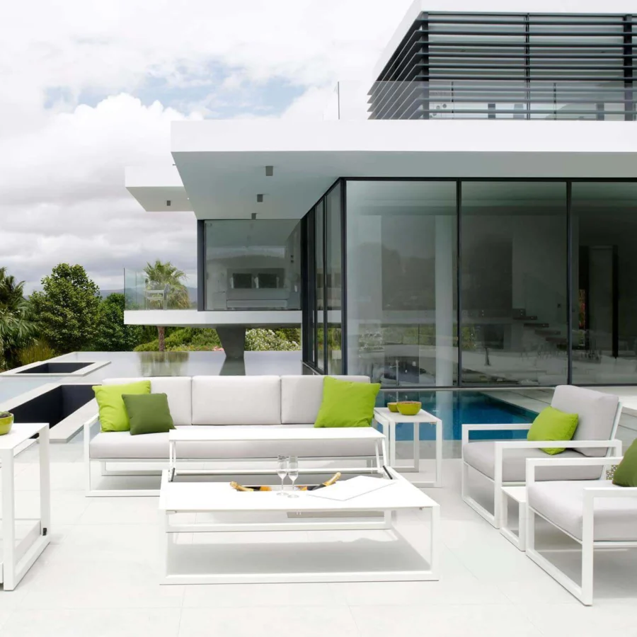 Exceptional Royal Botania Ninix lounge sofa with stainless steel frame, light gray Batyline cushions and bright green accents