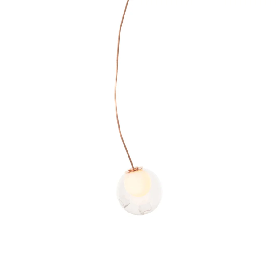 Elegant Bocci 28 single suspension lamp crafted with clear glass and natural copper exhibiting a warm patina