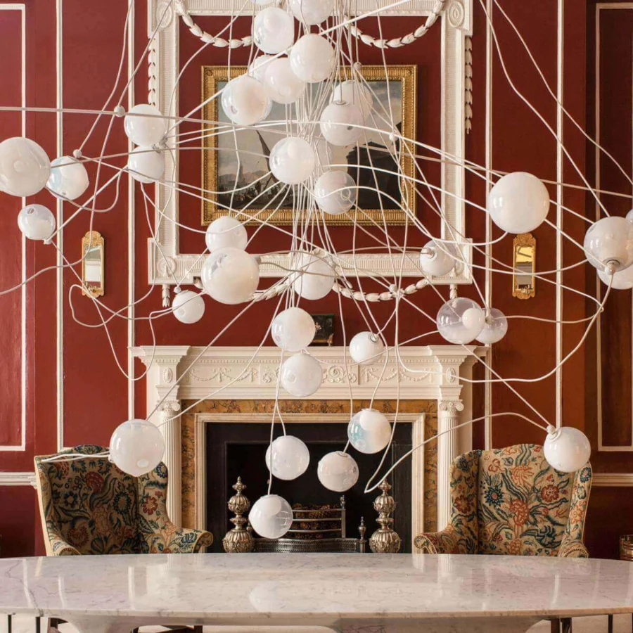 Exceptional Bocci 28 Copper suspension lamp with sprawling clear glass spheres and polished copper rods offering a refined aesthetic