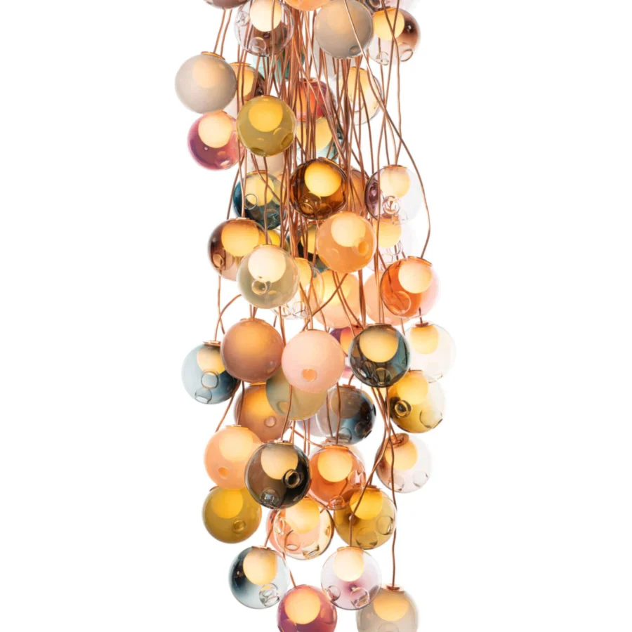 Exceptional Bocci 28 Copper suspension lamp crafted in hand-blown glass spheres with weathered natural copper rods
