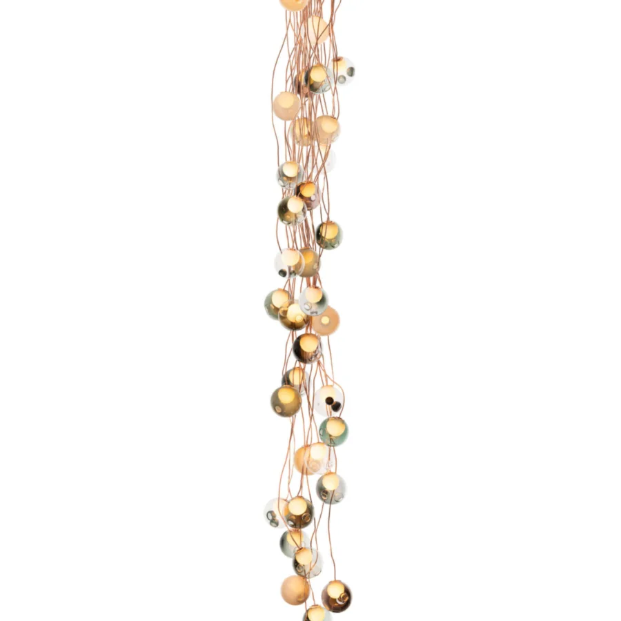 Distinguished Bocci 28 Copper suspension lamp with cascading clear and tinted glass spheres supported by natural copper tubing and a warm finish
