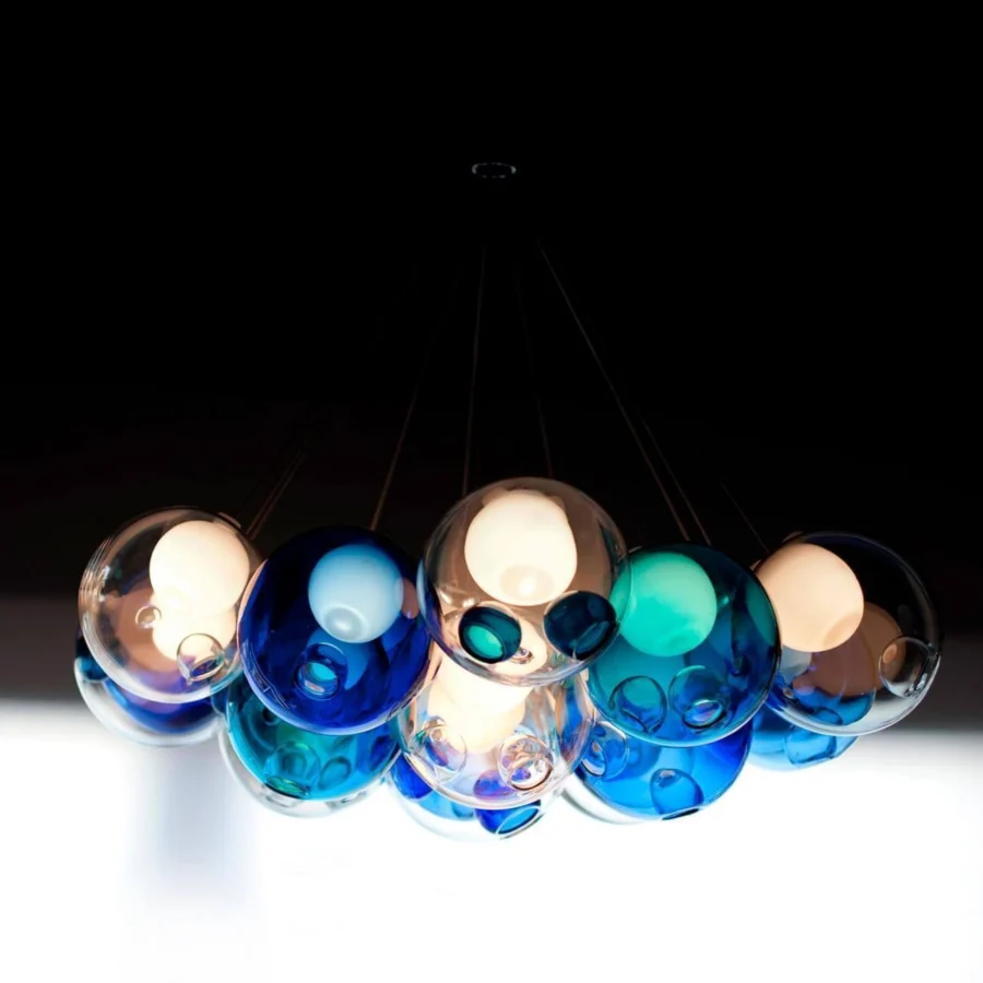 Distinguished Bocci 28 Cluster suspension lamp with hand-blown glass spheres in blue, teal, clear and amber hues crafted with delicate cords