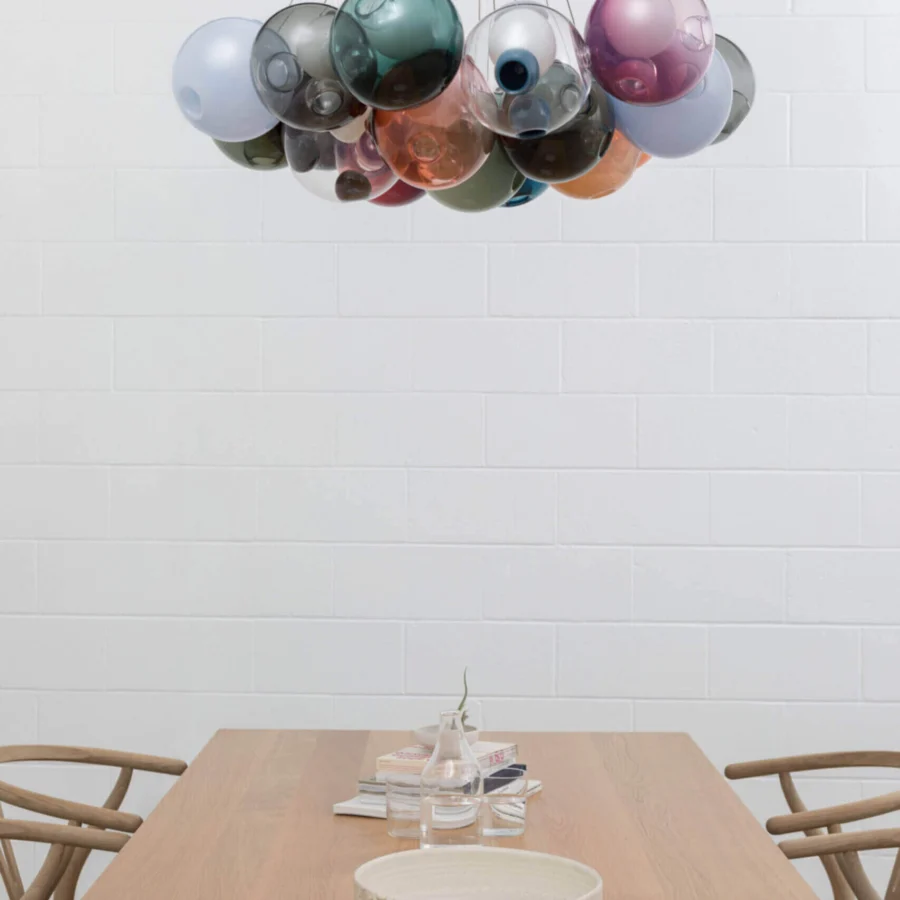 Superior Bocci 28 Cluster suspension lamp with translucent hand-blown glass spheres in pale blue, green, lavender and amber tones with milk white interior