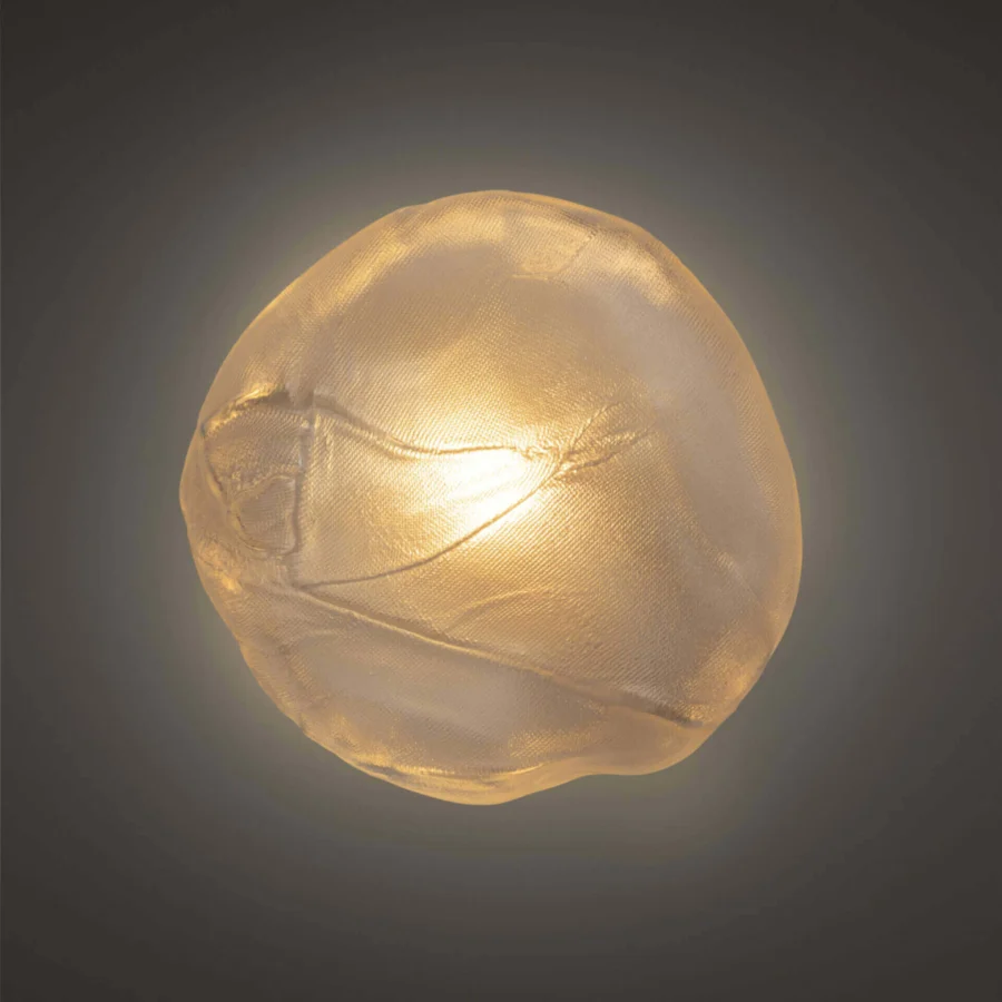 Exclusive Bocci 73 wall/ceiling lamp crafted with hand-blown glass pendants within a folded ceramic fabric vessel exhibiting a warm golden-yellow hue