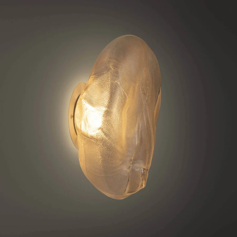 Distinguished Bocci 73 wall/ceiling lamp crafted with hand-blown glass in a folded ceramic vessel with a satin golden metal mounting plate