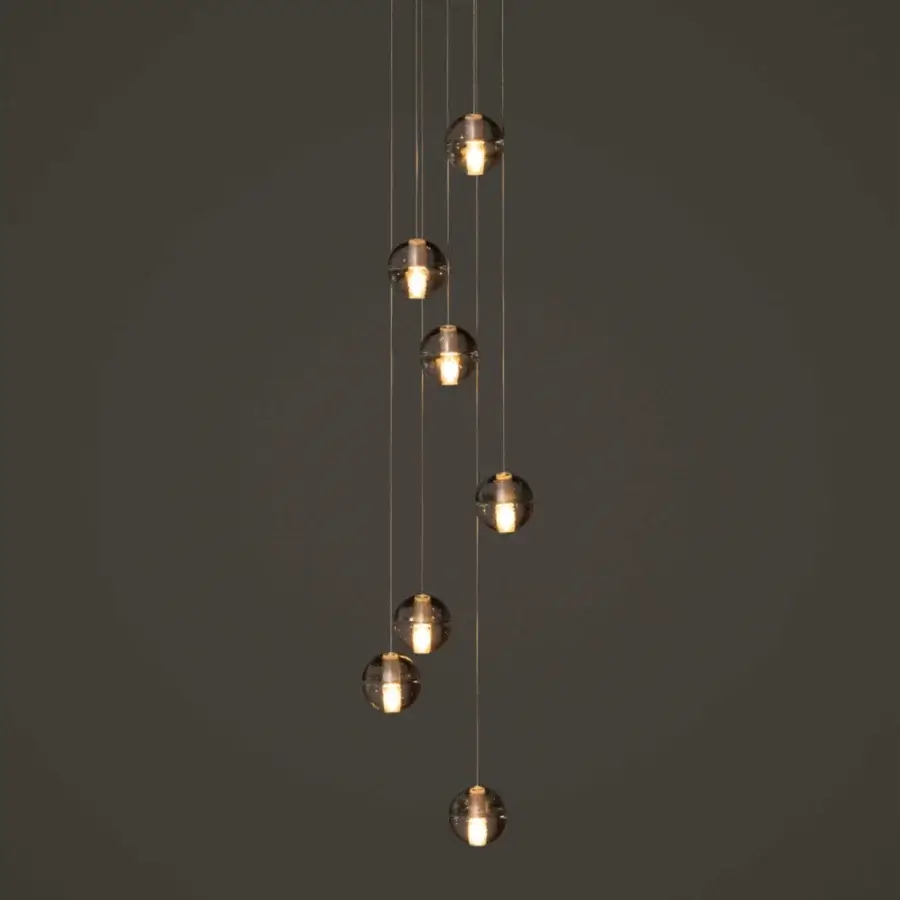 Distinguished Bocci 14 Random suspension lamp with illuminated cast glass spheres and a translucent amber glow