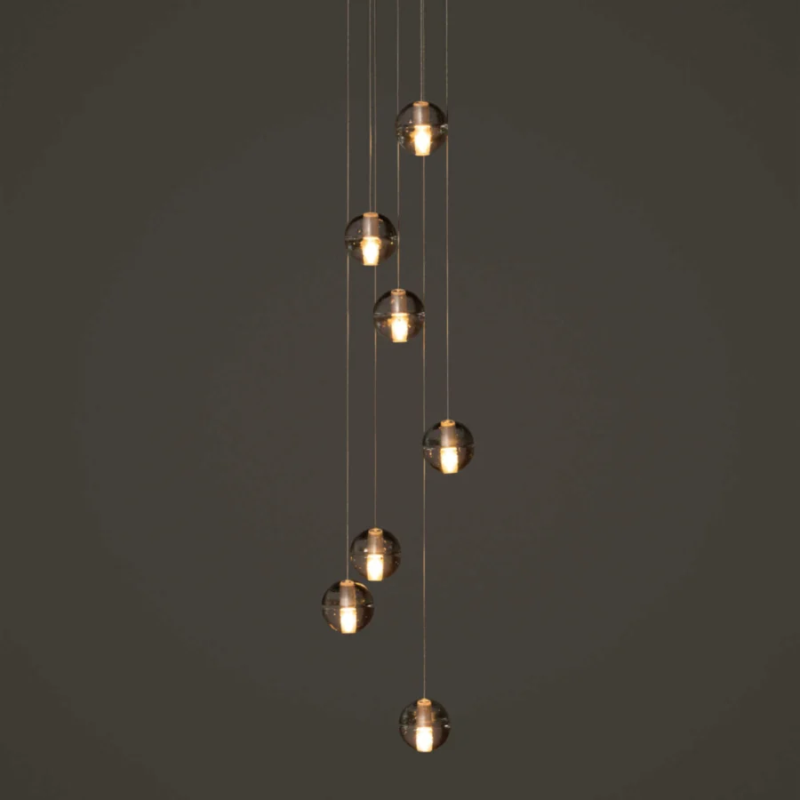 Distinguished Bocci 14 Random suspension lamp with illuminated cast glass spheres and a translucent amber glow