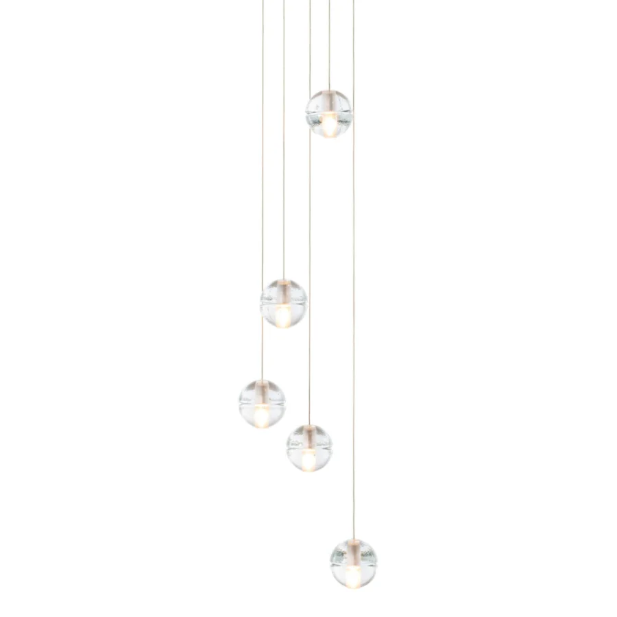 Elegant Bocci 14 Random suspension lamp with cascading articulated cast glass spheres and satin-finish metal cables