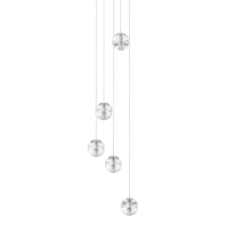 Exceptional Bocci 14 Random suspension lamp with articulated cast glass spheres and frosted cylindrical voids within each pendant