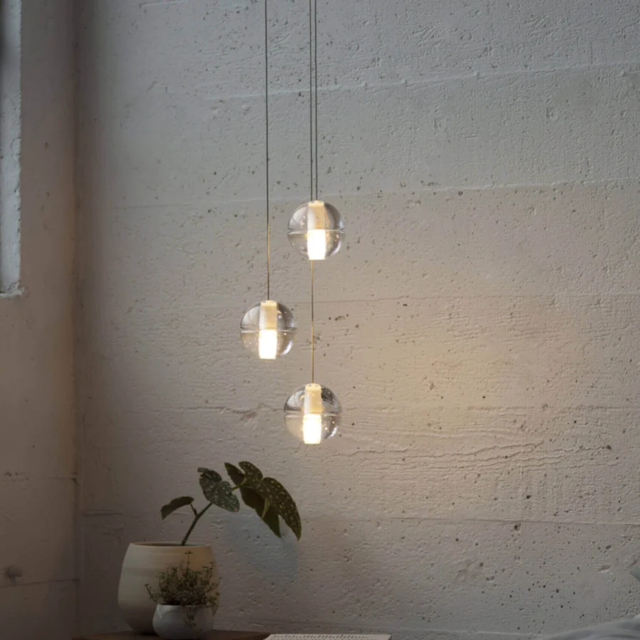 Superior Bocci 14 Random suspension lamp with articulated cast glass shades and matte steel cables