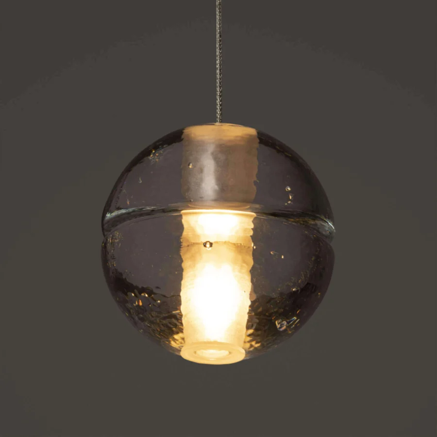 Superior Bocci 14 Single Pendant suspension lamp with hand-blown frosted glass in a smoked grey tone and polished gold-toned metallic component