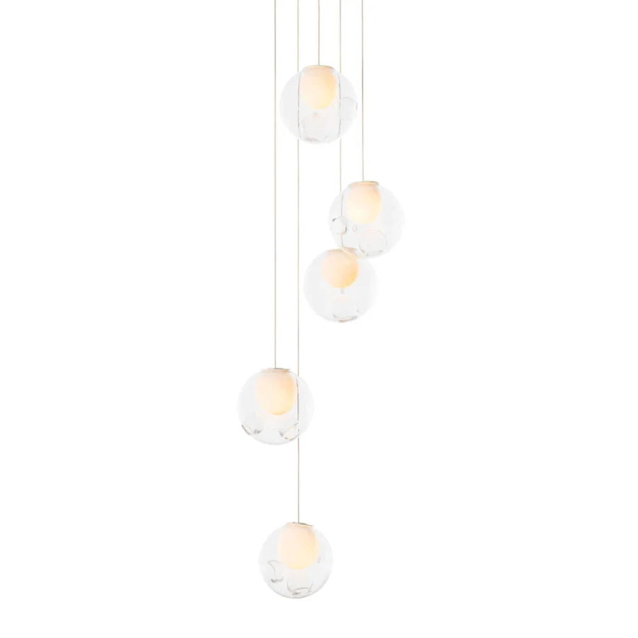 Captivating Bocci 28 Random suspension lamp crafted with clear glass and milk white interior lamp holder cavities