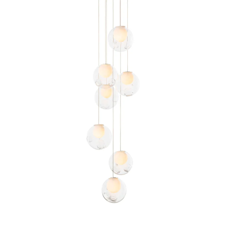 Exceptional Bocci 28 Random suspension lamp crafted with clear glass exterior spheres and milk white interior lamp holder cavities