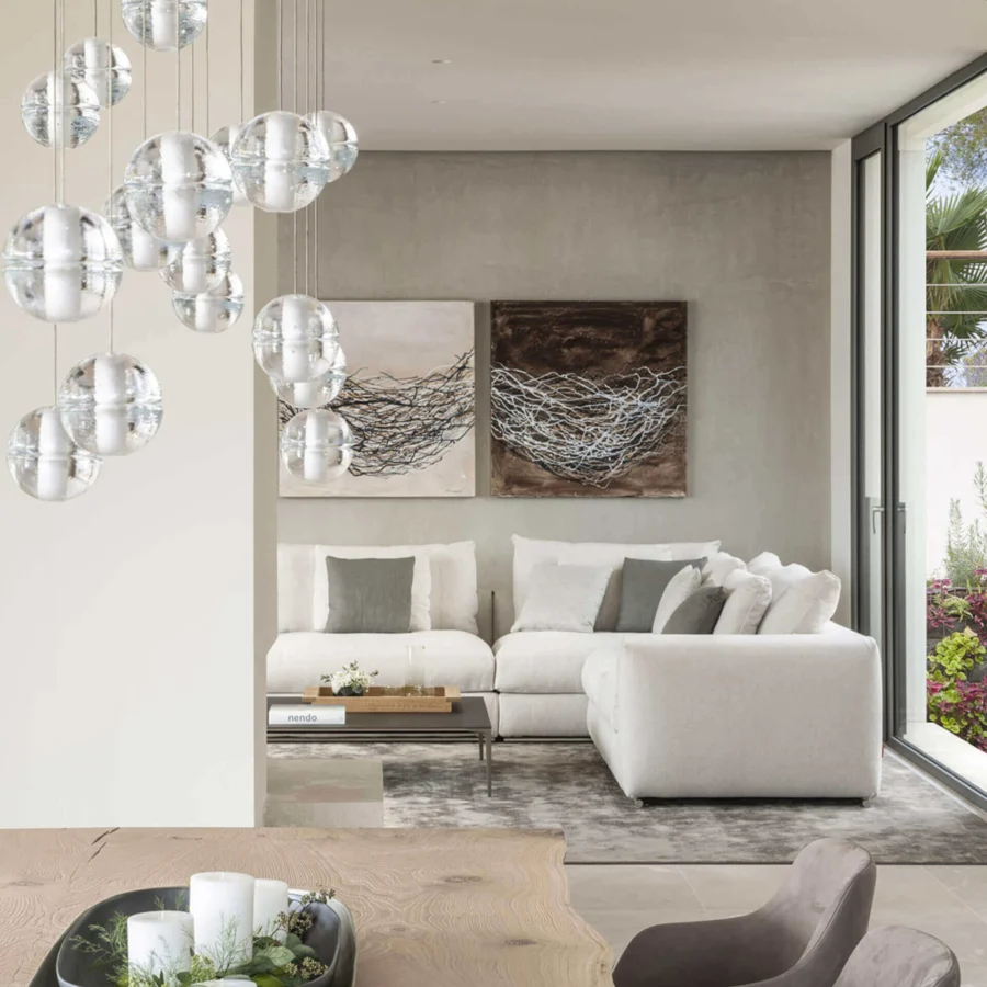 Superior Bocci 14 Random Suspension lamp with illuminated cast glass pendants and polished metallic support structure