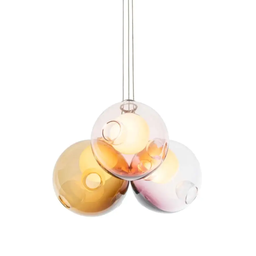 Exceptional Bocci 28 Cluster suspension lamp with hand-blown glass spheres in golden-yellow, pale pink, and clear glass with metal cables