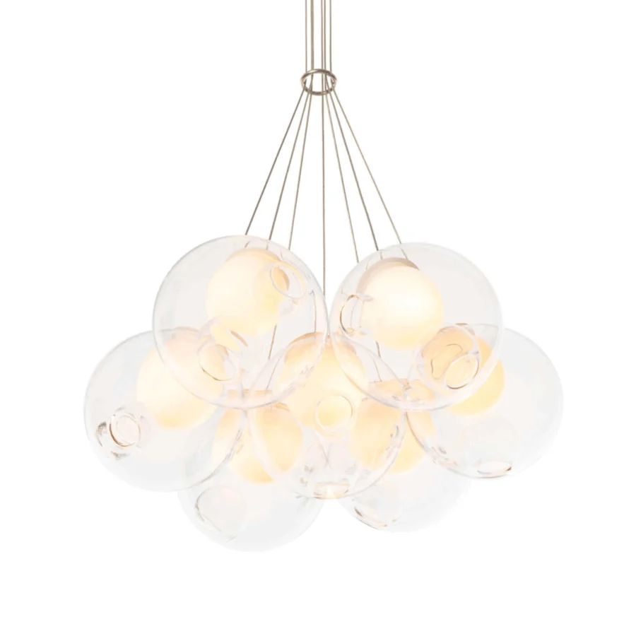 Exceptional Bocci 28 Cluster suspension lamp with a captivating arrangement of clear glass spheres and satin metal support