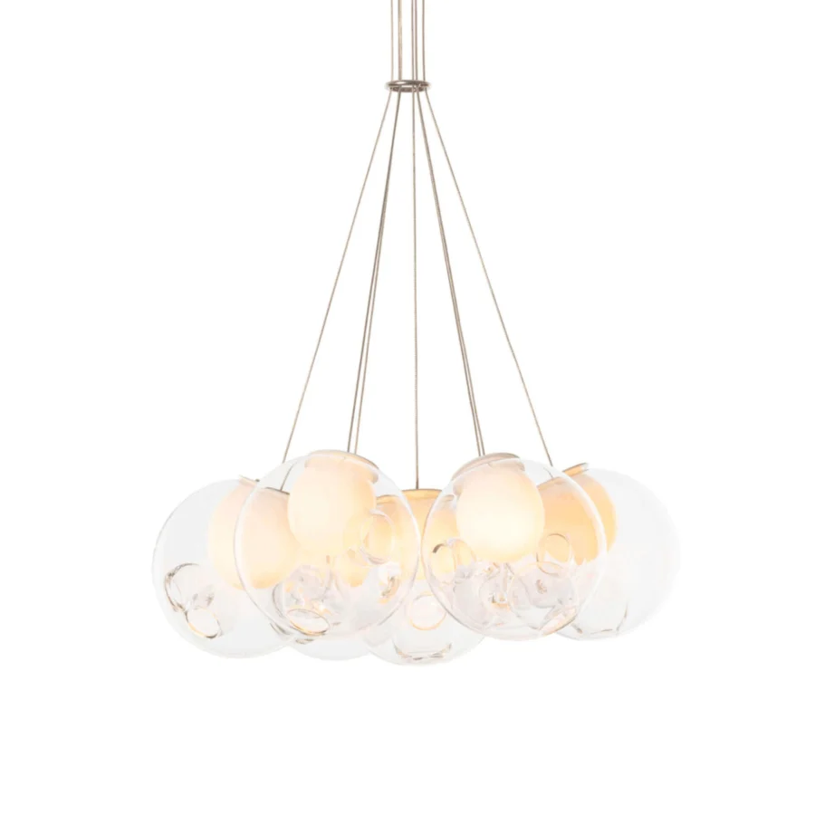 Distinguished Bocci 28 Cluster suspension lamp with nine hand-blown clear glass spheres and milk white interiors crafted in polished metal