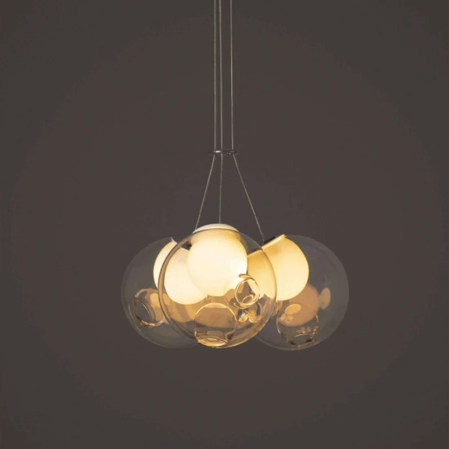 Captivating Bocci 28 Cluster suspension lamp with clear glass exterior spheres and milk white interior lamp holder cavities