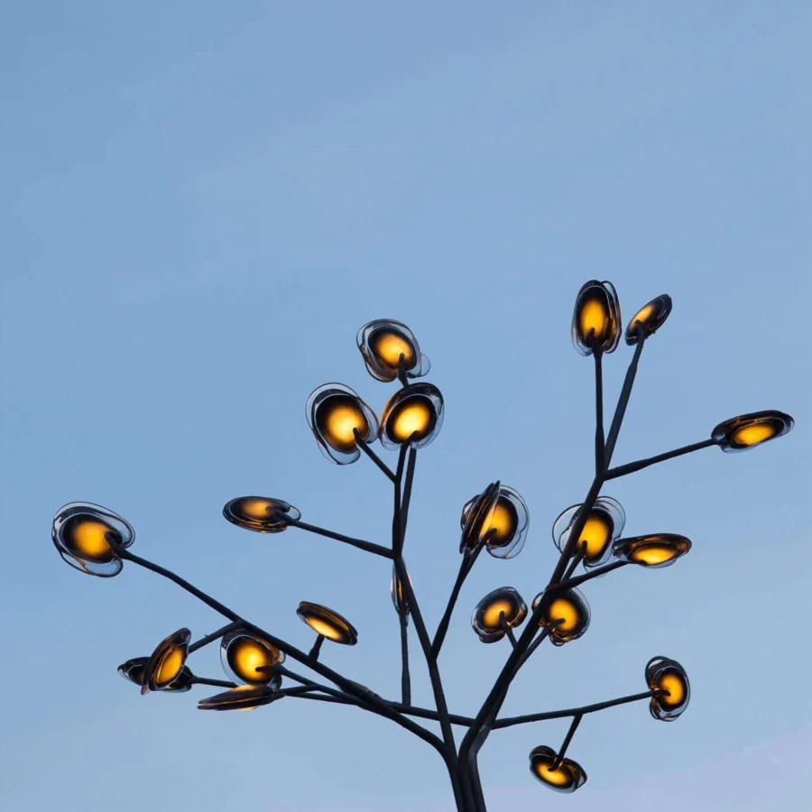 Distinguished Bocci 16 Tree floor lamp with slender metal and translucent glass elements diffusing warm light for indoor or outdoor use