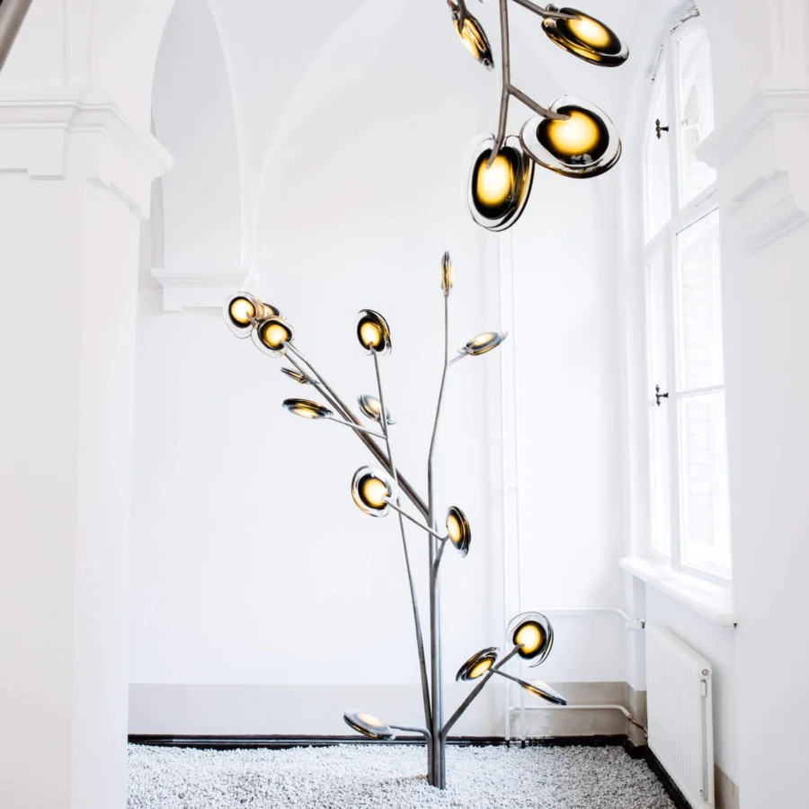 Distinguished Bocci 16 Tree floor lamp with sequentially poured layers of colored molten glass and a simple metal base