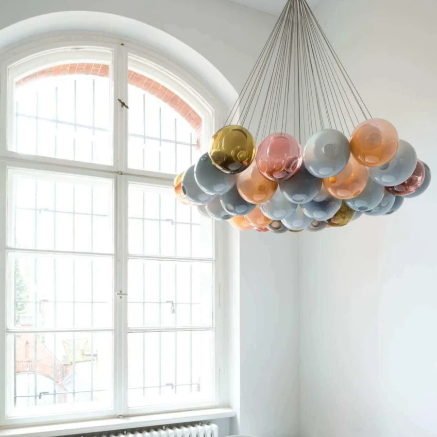 Distinguished Bocci 28 Cluster suspension lamp with hand-blown clear glass spheres and vibrant blue, orange, pink, yellow shades within a milk white interior