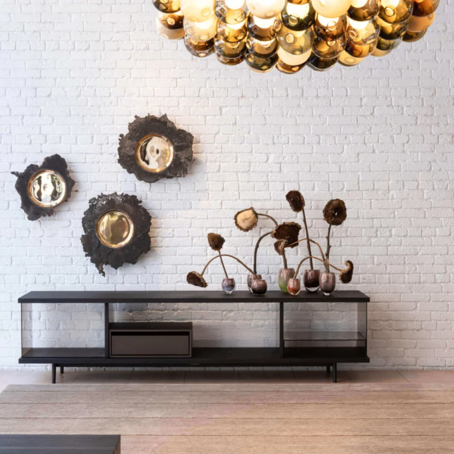Exceptional Bocci 28 Cluster suspension lamp with clear glass exterior and milk white interior lamp holders crafted in a dynamic arrangement