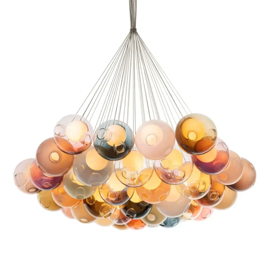 Distinguished Bocci 28 Cluster suspension lamp crafted with hand-blown glass spheres in amber, gold, peach, mauve, and greyish-blue tones with a light grey metal structure