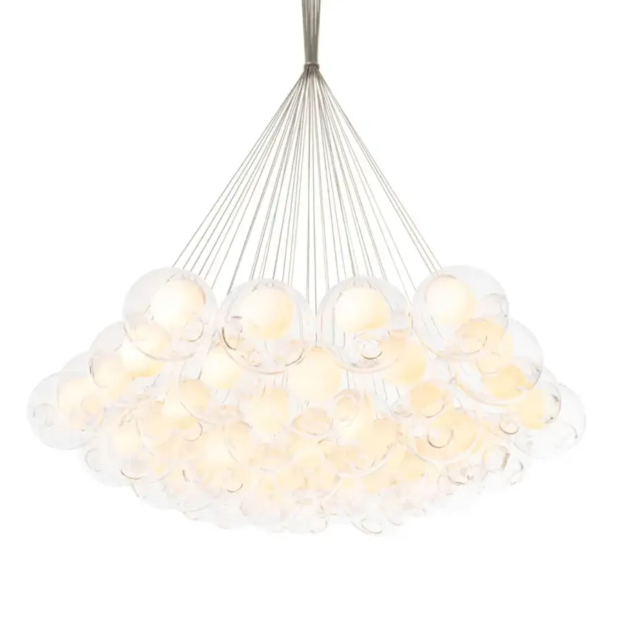 Exceptional Bocci 28 Cluster suspension lamp built with clear glass spheres and milk white lamp holders in polished silver-toned metal