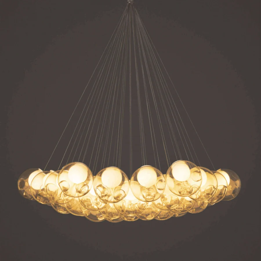 Superior Bocci 28 Cluster suspension lamp with numerous clear glass exterior spheres and milk white interior lamp holder cavities