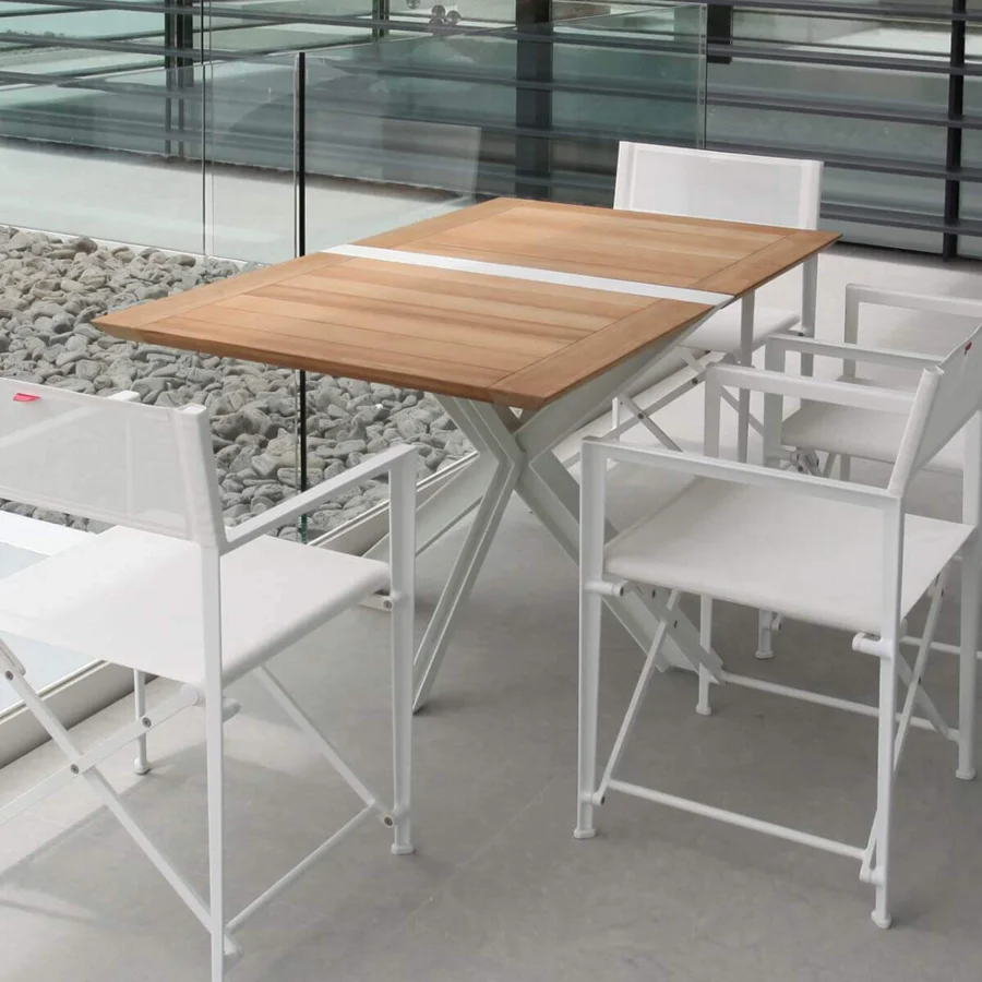 Superior Royal Botania Traverse table with light brown teak wood and white coated aluminum X-shaped base