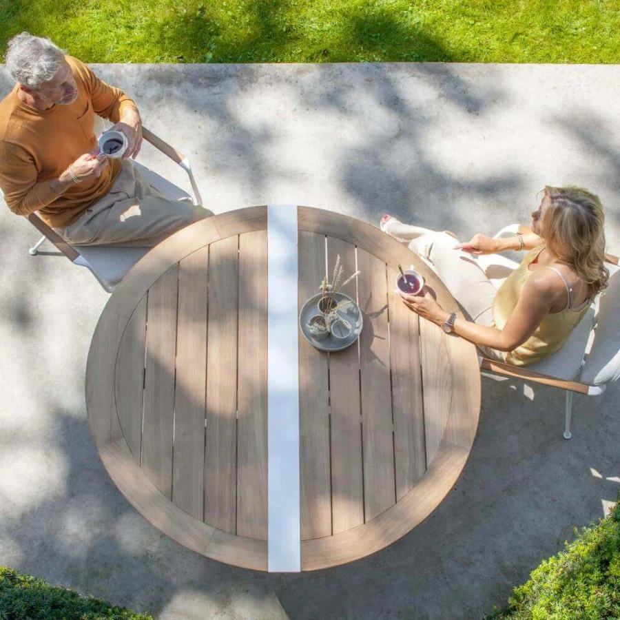 Exclusive Royal Botania Traverse folding table with light brown teak wood tabletop and white coated aluminum base