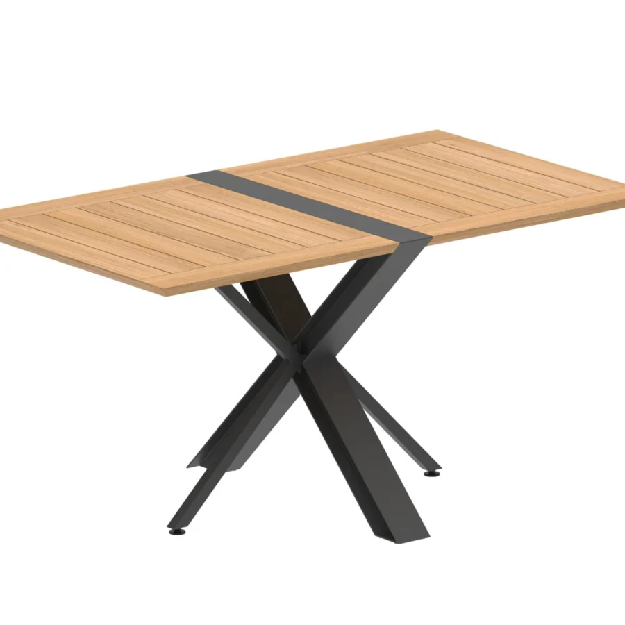 Elegant Royal Botania Traverse table with a slatted teak wood top and matte dark-grey coated aluminum base