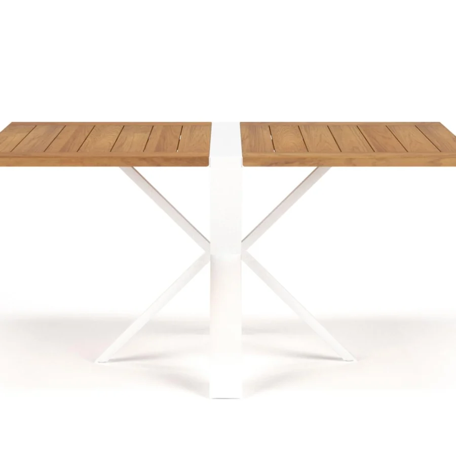 Exclusive Royal Botania Traverse table with a warm teak wood tabletop and sleek white coated aluminum base